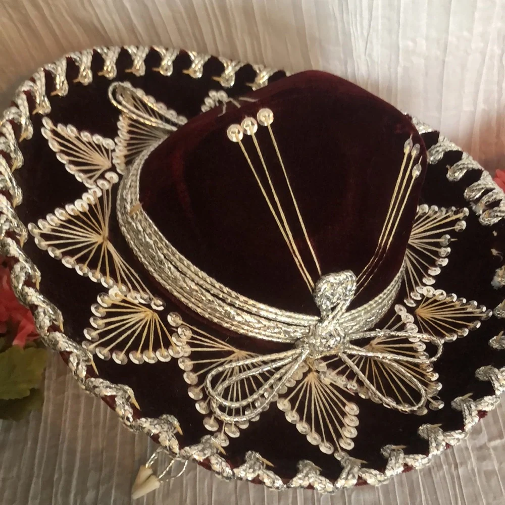 SALAZAR YEPEZ HATS maroon & silver beaded Mexican childs hat w/adjust neck strap